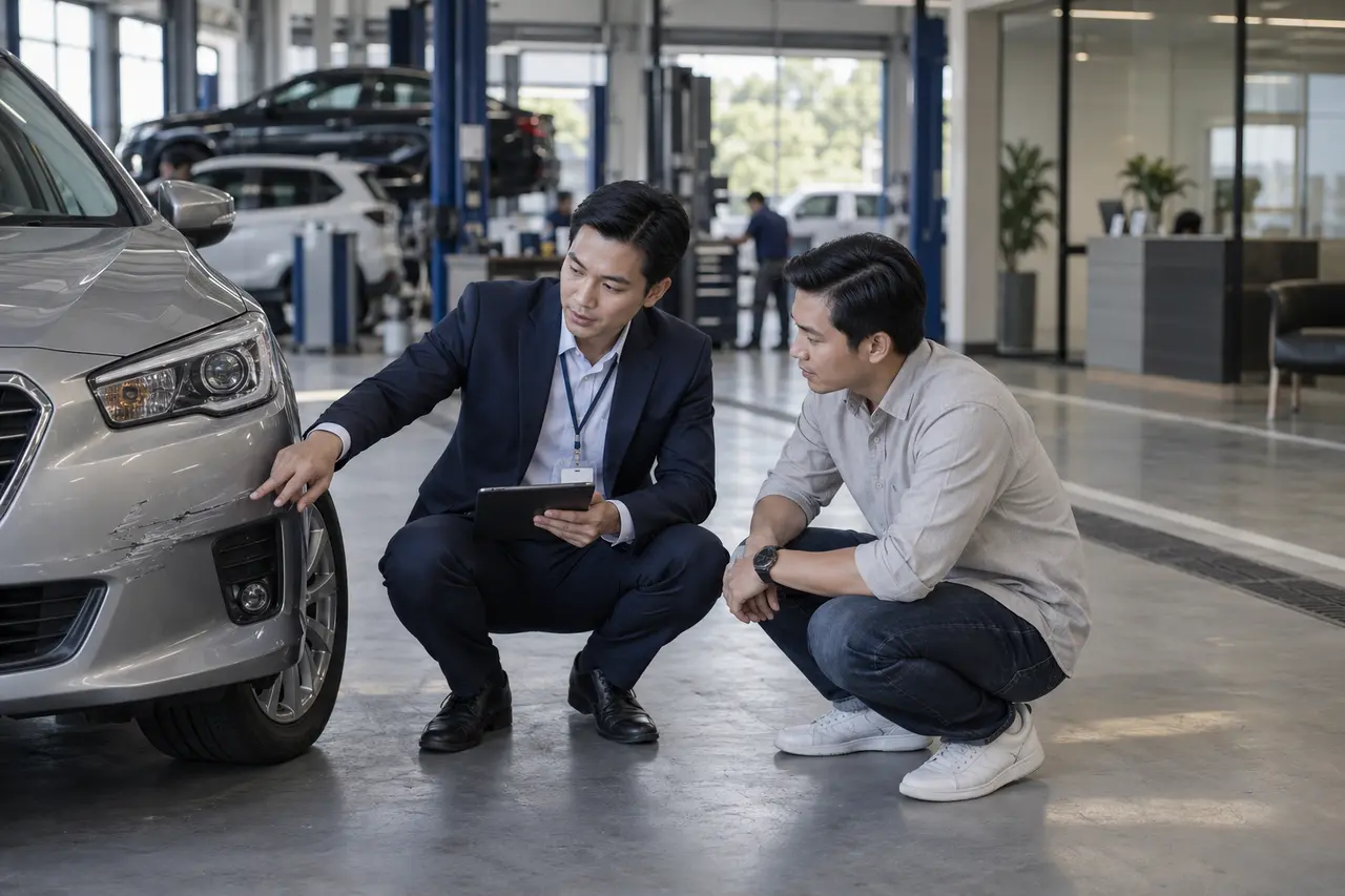 Giám định viên hướng dẫn chủ xe và ghi nhận tổn thất tại gara