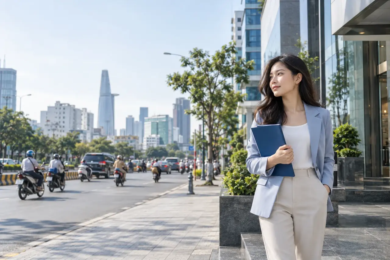 Hình ảnh minh họa: chuyên viên tư vấn cầm hồ sơ đứng trước tòa nhà văn phòng trên một tuyến đường lớn ở TP.HCM