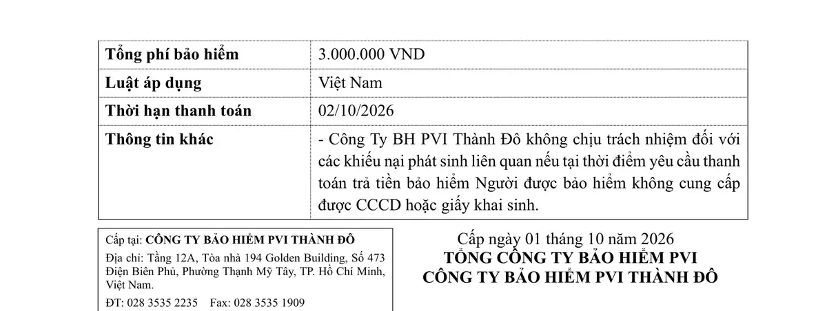 Phần tổng phí, thời hạn thanh toán và đơn vị cấp trên giấy chứng nhận bảo hiểm tai nạn cá nhân PVI Thành Đô