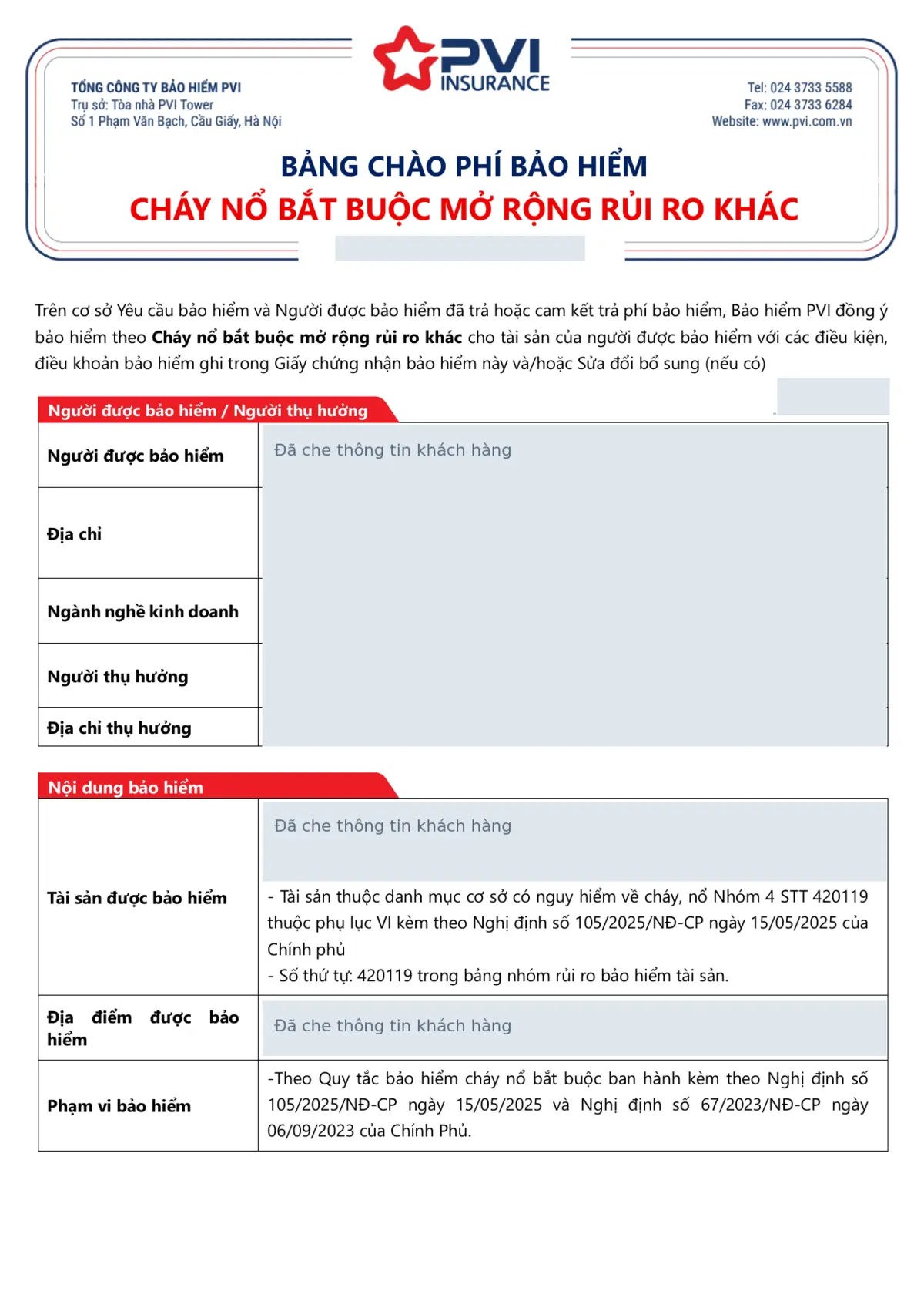 Trang 1 bảng chào phí, phần thông tin người được bảo hiểm và địa điểm đã được che