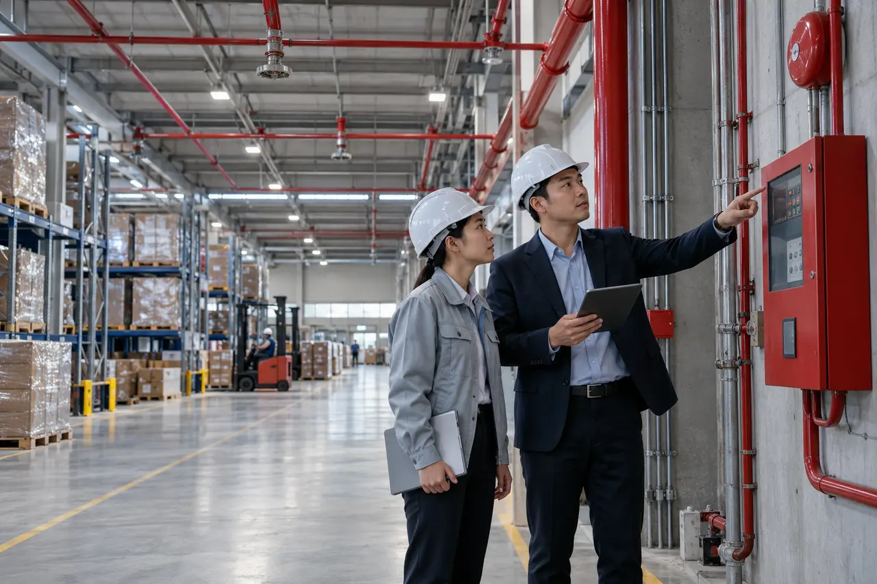 Chuyên viên khảo sát tủ báo cháy và đường ống chữa cháy trong kho hàng