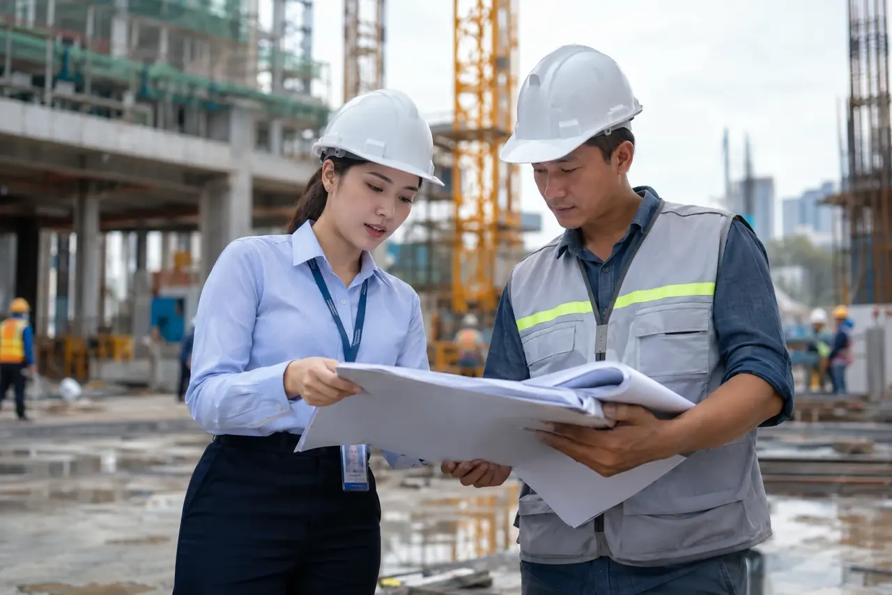 Hình ảnh minh họa: chuyên viên tư vấn bảo hiểm cùng kỹ sư công trường xem hồ sơ thi công