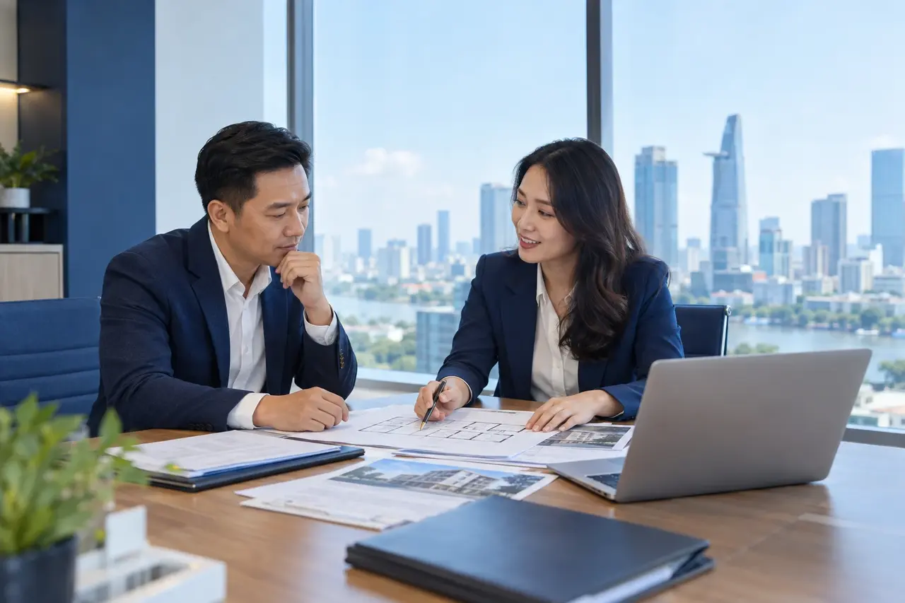 Hình ảnh minh họa: chuyên viên tư vấn và khách hàng doanh nghiệp xem bản vẽ, hồ sơ tài sản trong phòng làm việc nhìn ra thành phố