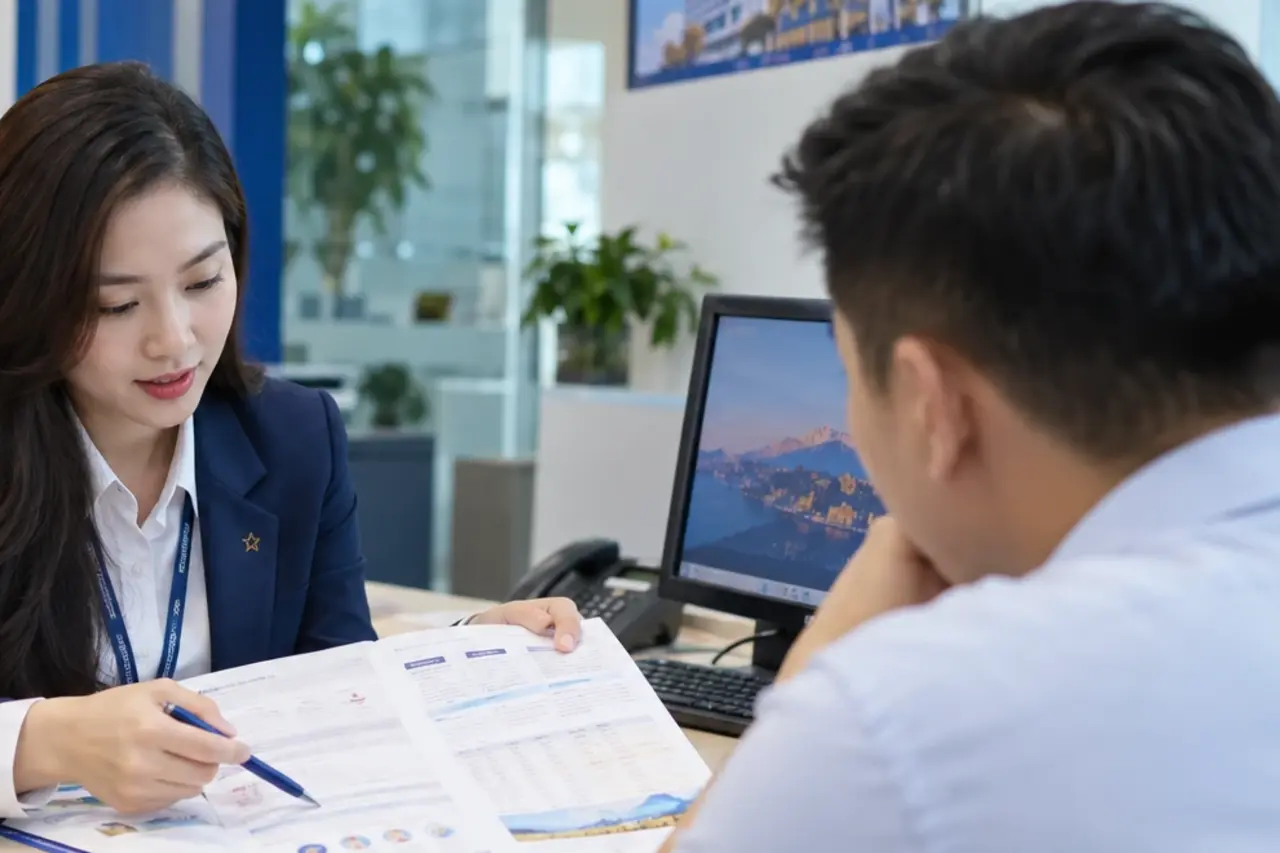 Hình ảnh minh họa: chuyên viên tư vấn chỉ vào bảng quyền lợi bảo hiểm cho khách tại bàn làm việc