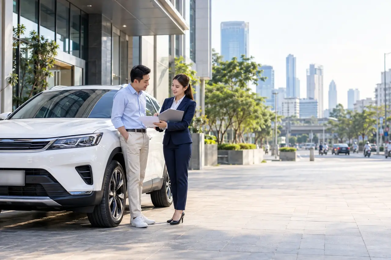 Hình ảnh minh họa: chuyên viên tư vấn trao đổi hồ sơ bảo hiểm với chủ xe bên cạnh chiếc ô tô màu trắng